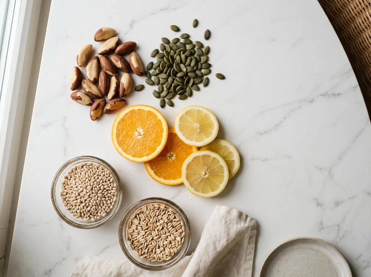 Naturliga ingredienser - paranötter, pumpafrön, citrus och fullkorn för magnesium och selen